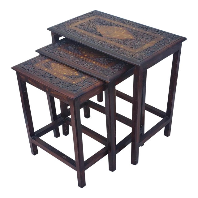 1990s Vintage Handmade Indian Style Moroccan Carved Wooden Nesting Tables, Copper Inlay For Sale