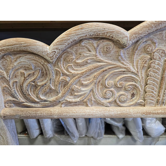 Shabby Chic Reclaimed Whitewashed Wood Bench With Floral Carving Design For Sale - Image 3 of 11