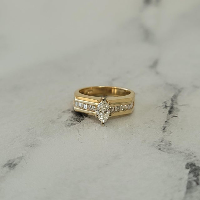One Carat Marquise Center Diamond with Baguette Accents Engagement Ring, Size 5 For Sale - Image 4 of 4