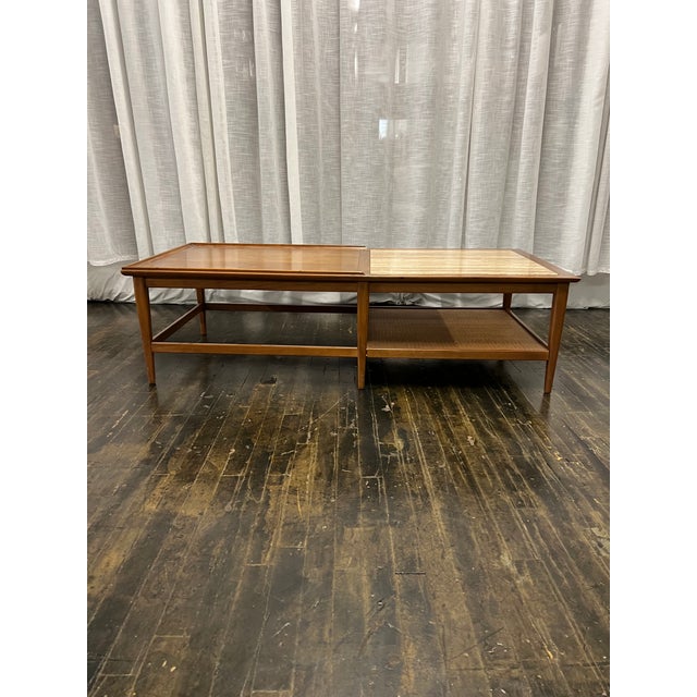Heritage Mid-Century Walnut Coffee Table With Travertine Inset and Caned Shelf by Heritage For Sale - Image 4 of 8