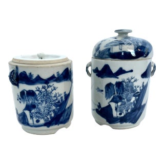 Antique Late 1800s Hand Painted Chinese Porcelain Tea Caddies - Set of 2 For Sale