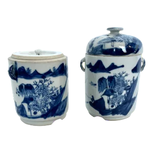 Antique Late 1800s Hand Painted Chinese Porcelain Tea Caddies - Set of 2