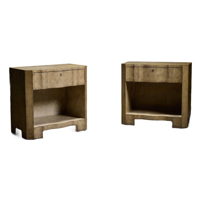 Pair of Serpentine-Front Parchment Nightstands For Sale