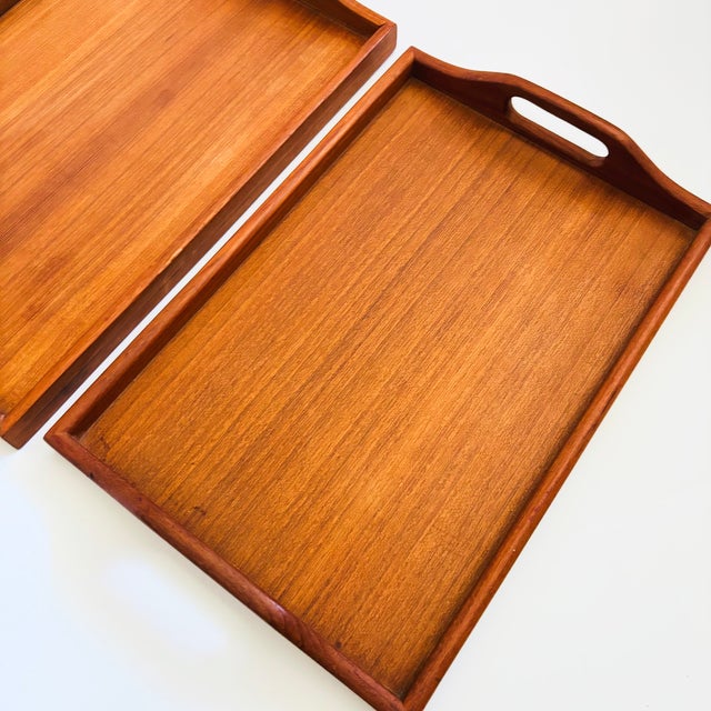 Brown Large Rectangular Teak Nesting Trays - Set of 2 For Sale - Image 8 of 11