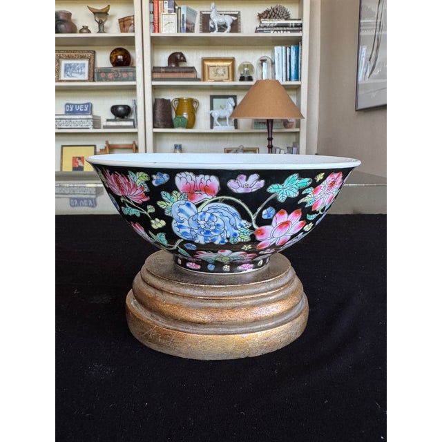Chinese 1960s Large Famille Noire Style Chinese Porcelain Bowls, Black Ground Floral - Set of 4 For Sale - Image 3 of 16