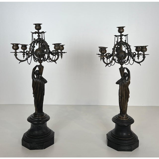 Pair of large patinated bronze candelabras representing caryatids For Sale - Image 12 of 12