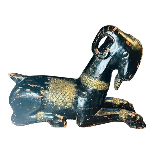 Vintage Hand Carved Wood Ram Statue Black Gold For Sale
