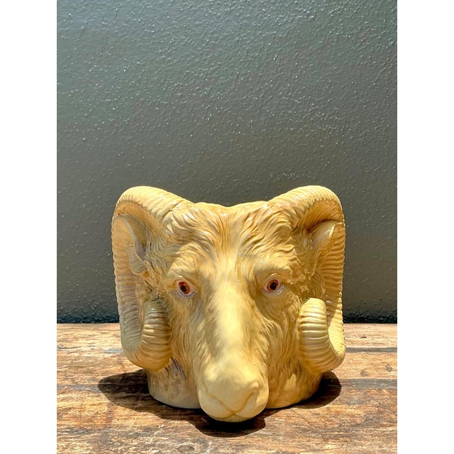 Vintage Italian Ceramic Rams Head Cache Pot For Sale - Image 9 of 14