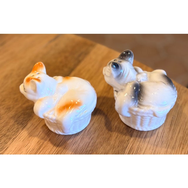 1990s Trompe-l'Oeil Ceramic Cats in Baskets Salt and Pepper Shakers - a Pair For Sale - Image 4 of 12