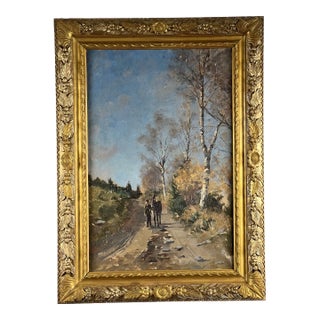 Antique Continental School Oil on Canvas Painting “Man and His Donkey on a Birch Lined Path” Unsigned C. Late 19th Century For Sale