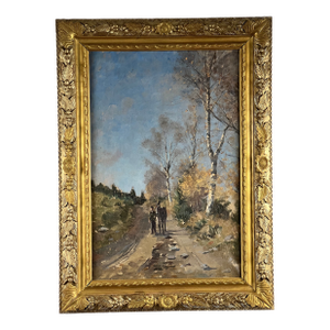 Antique Continental School Oil on Canvas Painting “Man and His Donkey on a Birch Lined Path” Unsigned C. Late 19th Century
