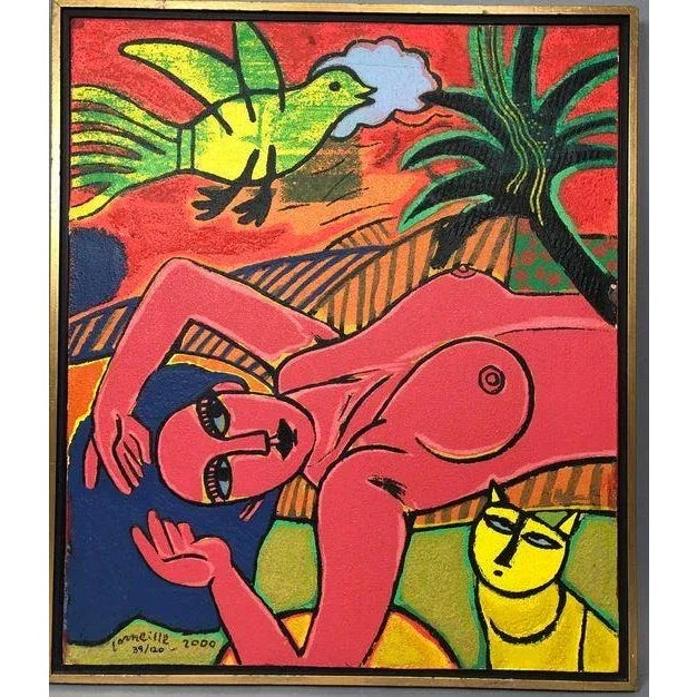 GUILLAUME CORNEILLE Modernist Terragraph on Canvas. Print. Colorful Matisse-esque pink nude female with bird and cat....
