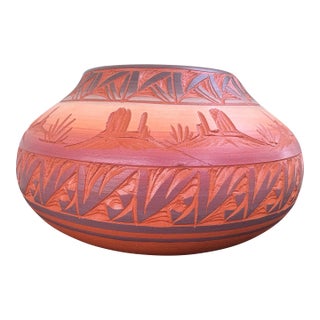 Signed Native American Mesa Verde Pottery Carved Red Earth Vessel With Certificate of Authenticity For Sale