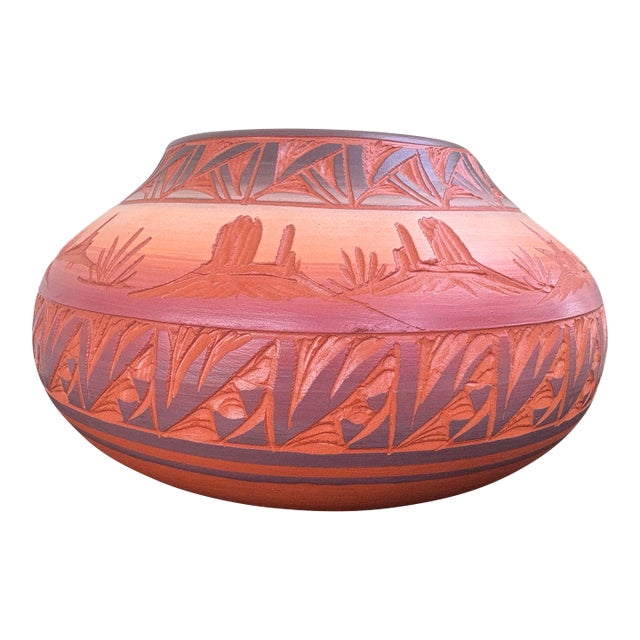 Signed Native American Mesa Verde Pottery Carved Red Earth Vessel With Certificate of Authenticity For Sale