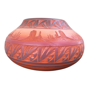 Signed Native American Mesa Verde Pottery Carved Red Earth Vessel With Certificate of Authenticity