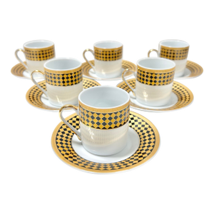 Vintage Porcelain Espresso Set – Black & Gold Harlequin With Greek Key, 6 Cups & Saucers, Glam Bar Cart Decor