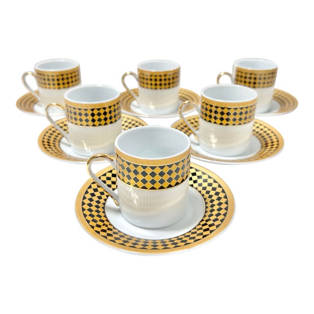Vintage Porcelain Espresso Set With 18k Gold Harlequin Pattern & Greek Key Rim – 6 Cups & Saucers For Sale
