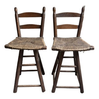 Pair Mid Century Wood and Rush Seat Swivel Bar Stools, Counter Stools For Sale