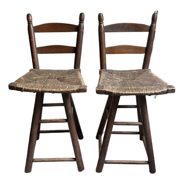 Pair Mid Century Wood and Rush Seat Swivel Bar Stools, Counter Stools For Sale