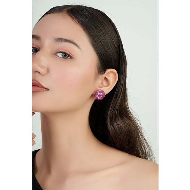 Ruby Red Luxury 10.21ct Ruby Bloom Diamond Halo Statement Stud Earrings in 14k Gold- A Pair For Sale - Image 8 of 16
