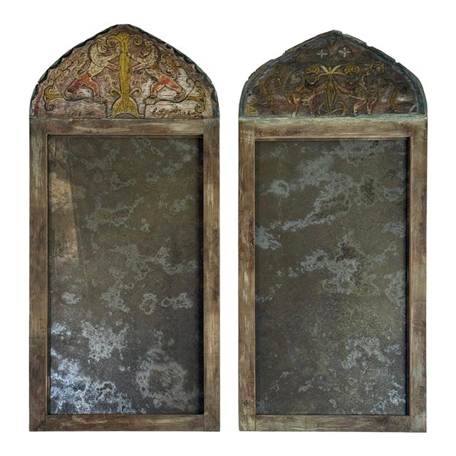 Pair of 19th Century Painted Folk Art Arched Mirrors With Heraldic Lion Crests For Sale