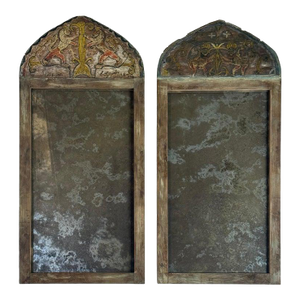 Pair of 19th Century Painted Folk Art Arched Mirrors With Heraldic Lion Crests