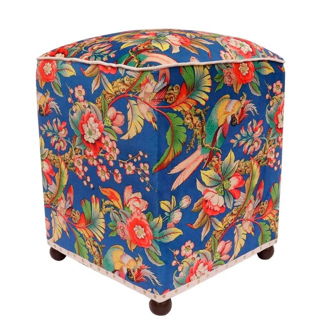 Shabby Chic Edwarain Bird Print Velvet Handmade Ottoman For Sale - Image 10 of 10