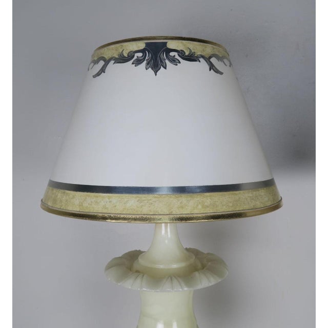 Mid-Century Modern Cream Alabaster Urn Shaped Lamps With Hand Painted Parchment Shades, Pair For Sale - Image 3 of 9