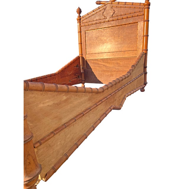 Tan Antique French Bed Frame Headboard Set in Birds Eye Maple Faux Bamboo English Style For Sale - Image 8 of 11