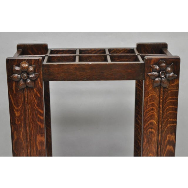 Arts & Crafts Antique Arts & Crafts Oak Wood Relief Carved Flower Umbrella Stand by MI Chair For Sale - Image 3 of 18