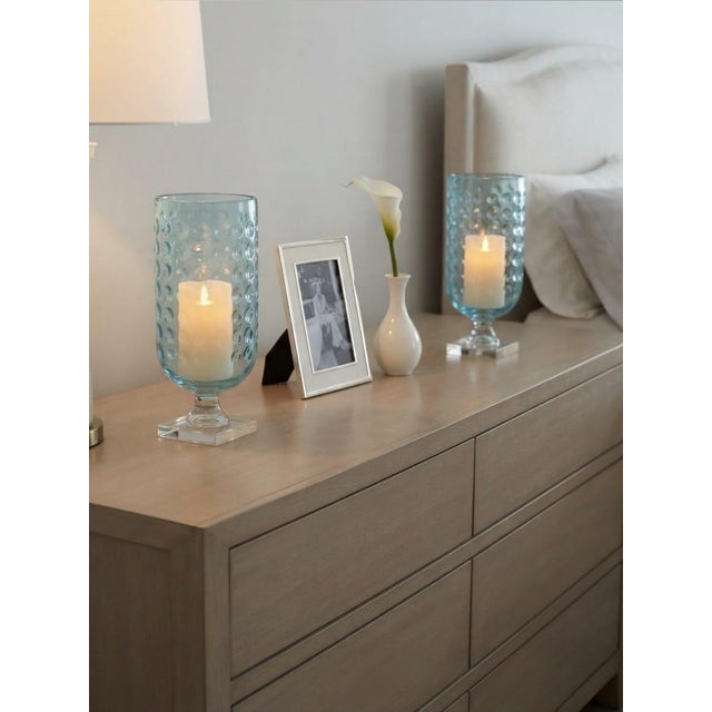 Pair of Vintage Light Blue Thumbprint Glass Hurricane Candle Holders on Tiered Crystal Bases For Sale In West Palm - Image 6 of 10