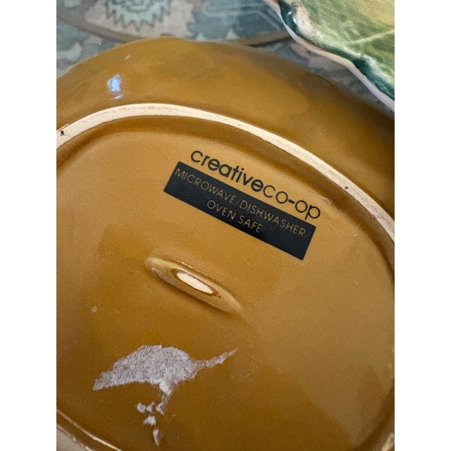 1990s Vintage Portugal Majolica Grape Leaf/Cabbage Leaf Serving Bowl or Charger Along With Creative Co Op Mini 5” Turkey Plate (6”) Thanksgiving Abundance For Sale - Image 5 of 5