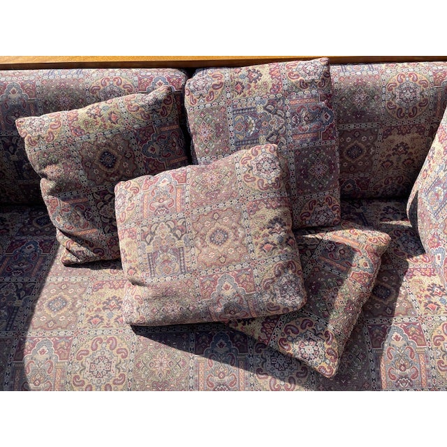 Pair of Stickley Furniture Wine/Blue Geometric Mission Prairie Oak Loveseats / Sofa's For Sale - Image 18 of 18