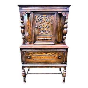 Antique Spanish Revival Solid Oak Liquor Cabinet or Linen Press - Early 20th Century