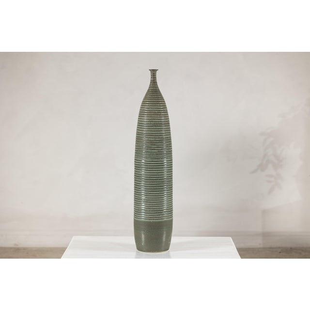 Tall Artisan Ceramic Hand-Crafted Vase with Ribbed Body and Green Glaze For Sale - Image 10 of 16
