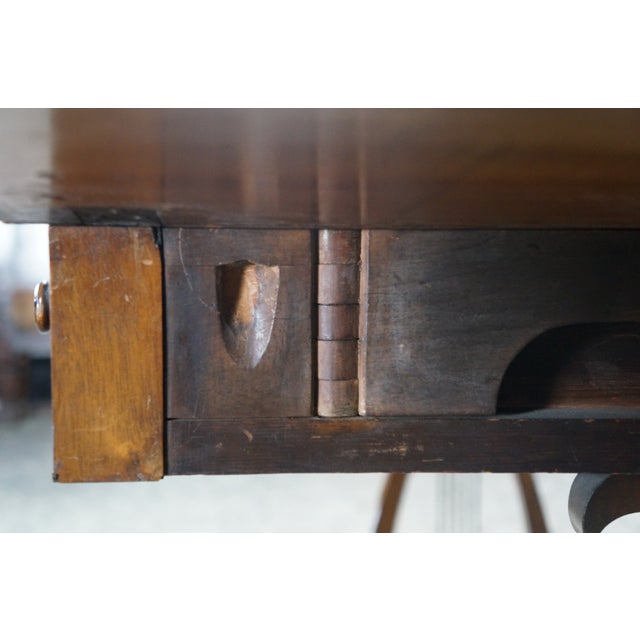 Antique Early 19th C. Regency Flame Mahogany Lyre Base Drop Leaf Sofa Table Desk For Sale - Image 12 of 16