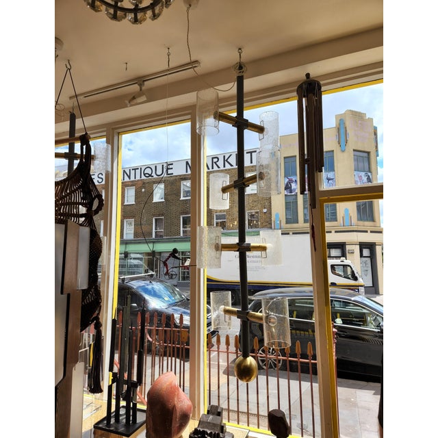 Mid-Century Modern Pair of Vintage Brass and Hand Blown Glass Chandeliers For Sale - Image 3 of 7