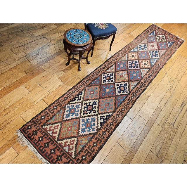 Brown Antique Varamin Kilim Runner, Handwoven Wool, Caucasian Geometric Pattern, 3x12 For Sale - Image 8 of 17