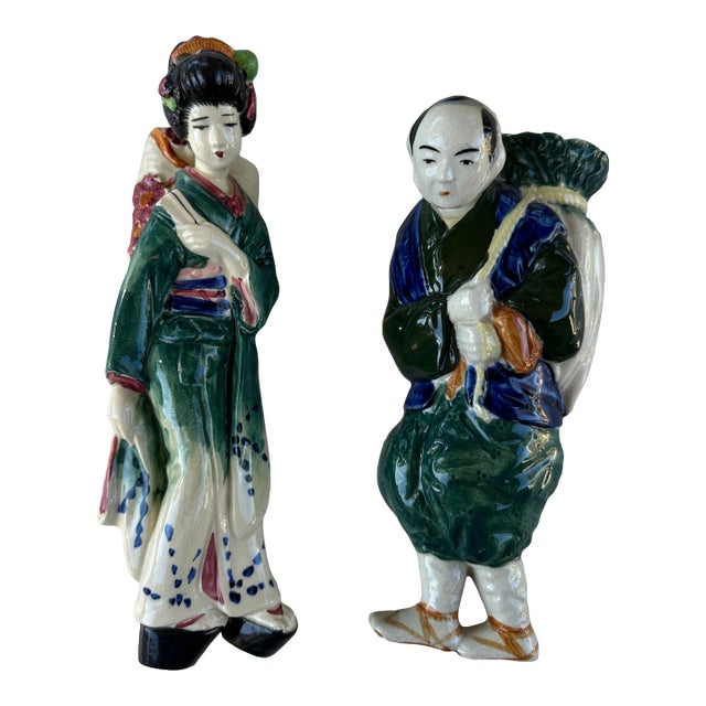Vintage Japanese Ceramic Figures Wall Pockets- A Pair For Sale