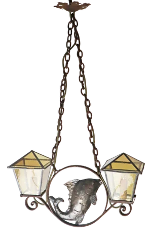 Arts and Crafts Wrought Iron and Leaded Glass Fish Pendant Lamp, Germany, 1920s