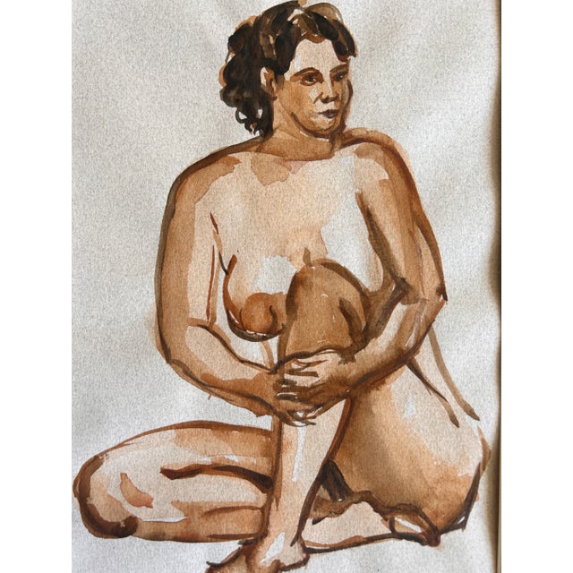 Impressionist Vintage Seated Nude Woman Watercolor Painting For Sale - Image 3 of 6