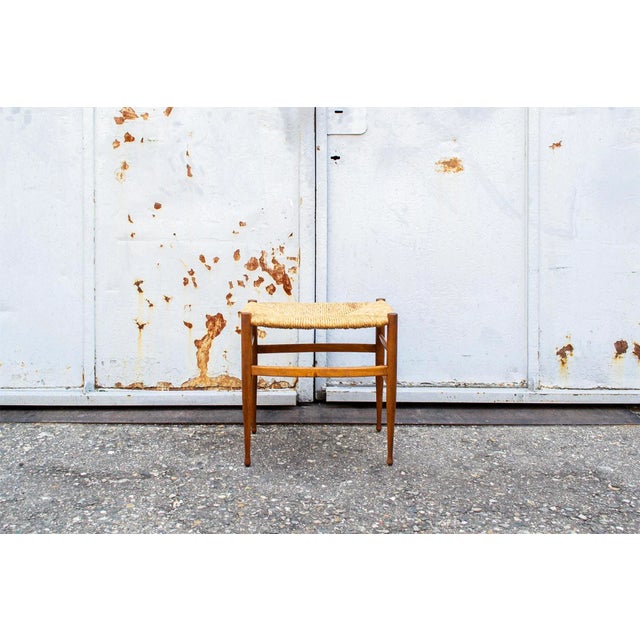 Stool with wooden frame and straw seat. Made in Italy 1960s