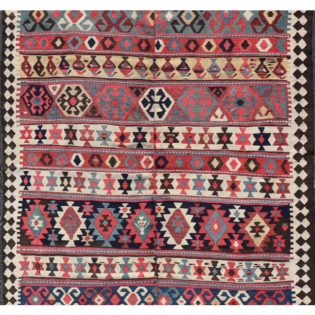 Persian Kilim Rug With Bold Tribal Geometric Patterns in Vivid Colors 4'9 X 6'9 For Sale - Image 4 of 13