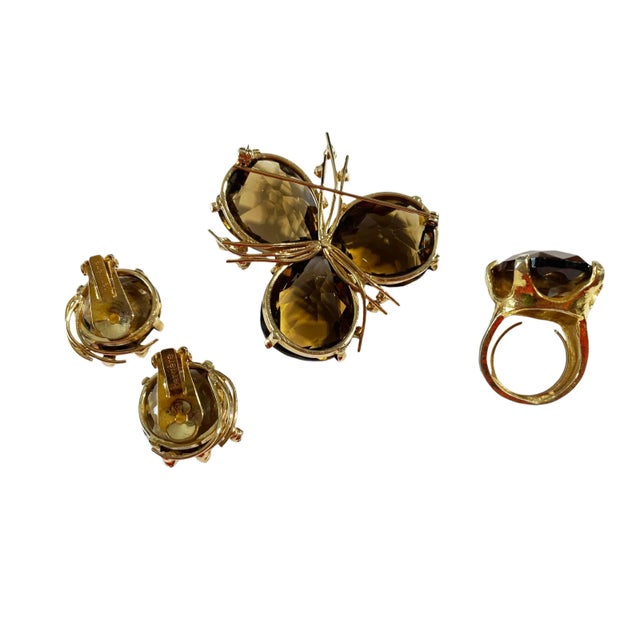 Vintage Bergere Gold Tone Topaz Rhinestone Set of Brooch Pin/Earrings/Ring For Sale - Image 4 of 6