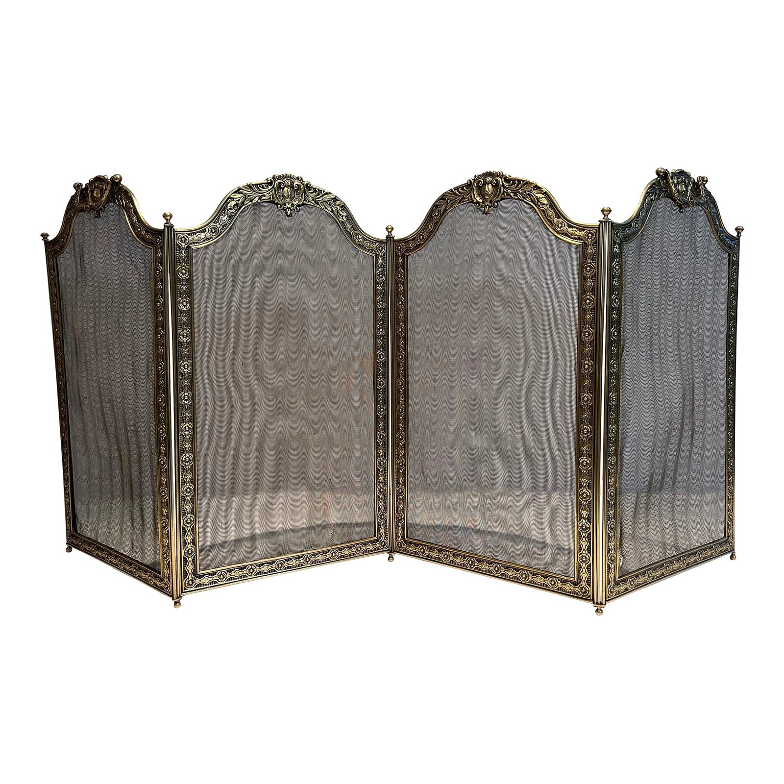 Large Louis the 16th Style 4 Panels Brass and Grilling Folding