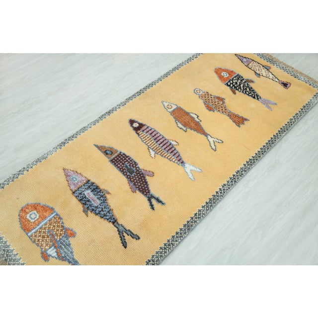 Koi Fish Yellow Hand Knotted Runner Rug 2.6x12Ft. For Sale - Image 4 of 15