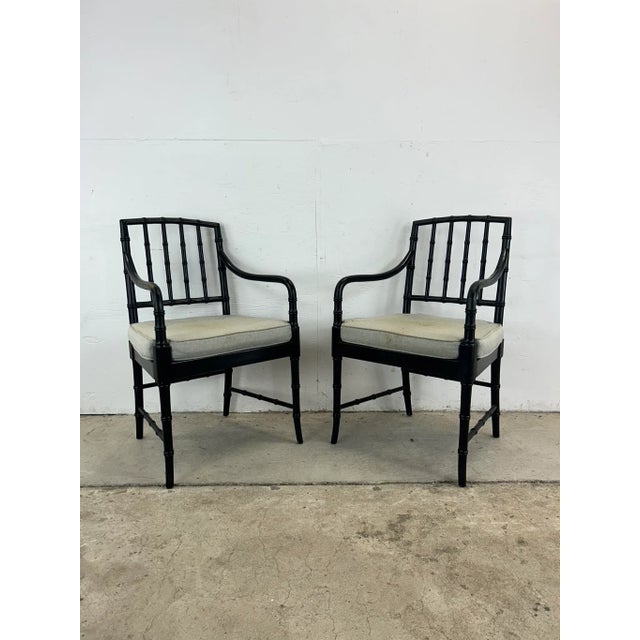 Wood Set of 4 Mid Century Faux Bamboo Dining Chairs With Caned Seat & Tufted Cushions For Sale - Image 7 of 12