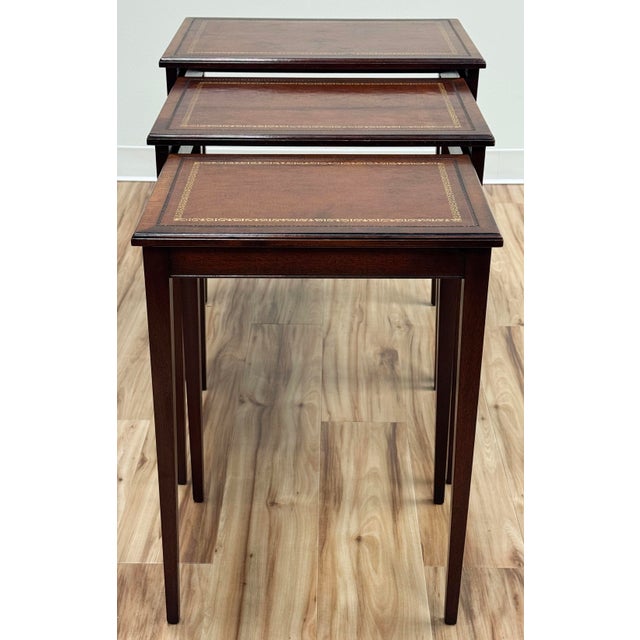 Heritage-Henredon Vintage Heritage-Henredon Leather and Mahogany Nesting Table Trio For Sale - Image 4 of 13