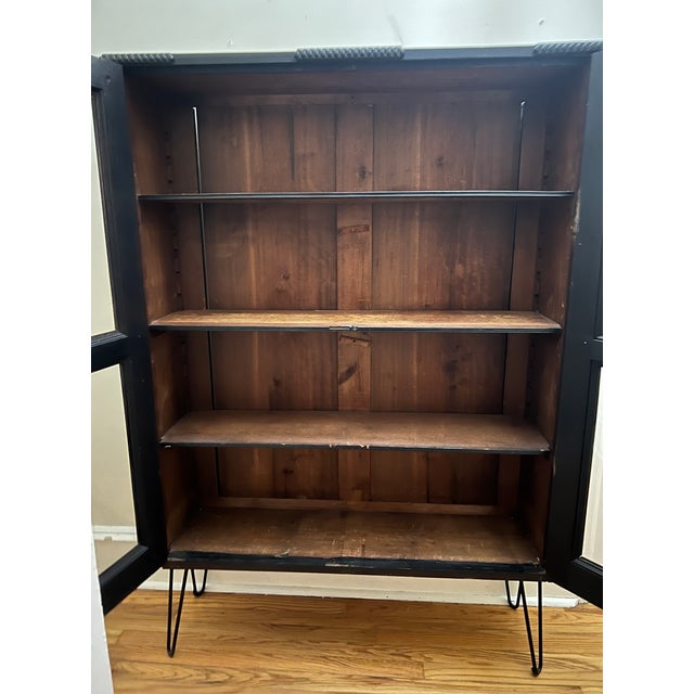 1900s Antique Black Painted Bookcase/Display Cabinet With Original Wavy Glass For Sale In Philadelphia - Image 6 of 10