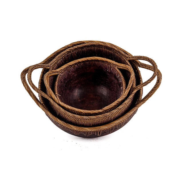 Wood Vintage Indonesian Handmade Nesting Wooden Bowls With Woven Handles For Sale - Image 7 of 9